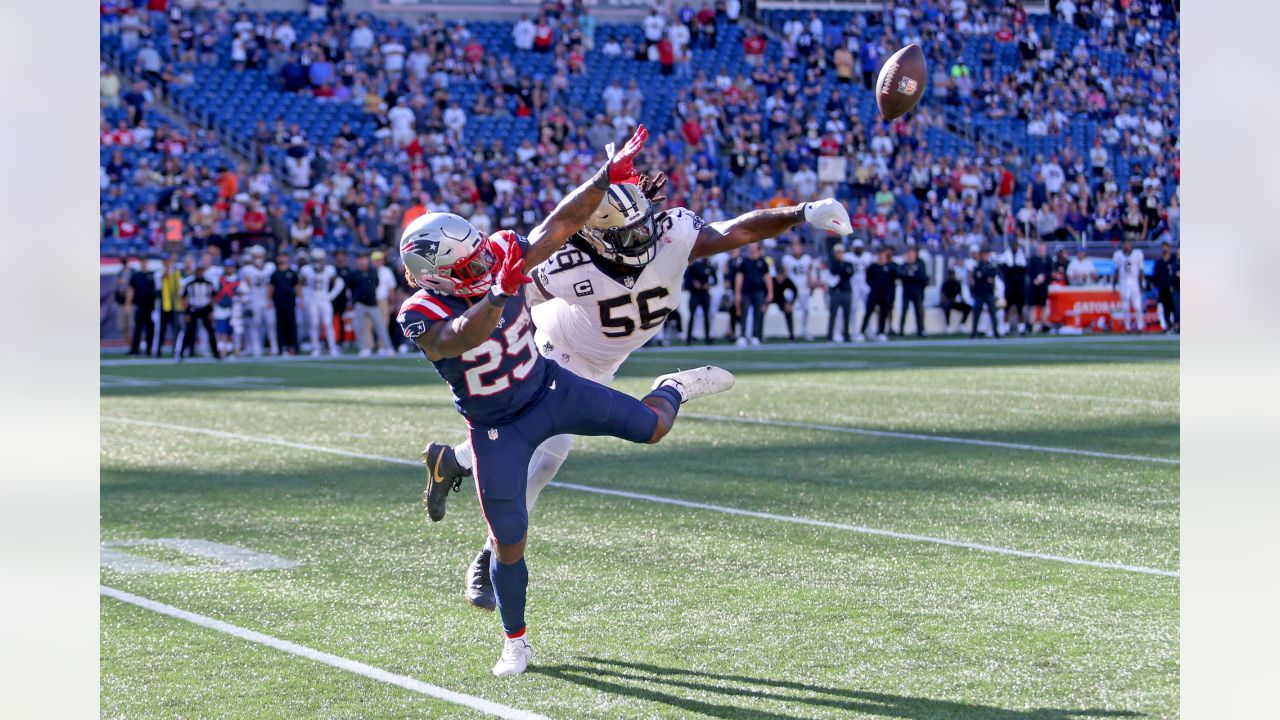 New England Patriots' Jakob Johnson before an NFL football game against the  New Orleans Saints at Gillette Stadium, Sunday,Sept. 26, 2021 in  Foxborough, Mass. (Winslow Townson/AP Images for Panini Stock Photo 