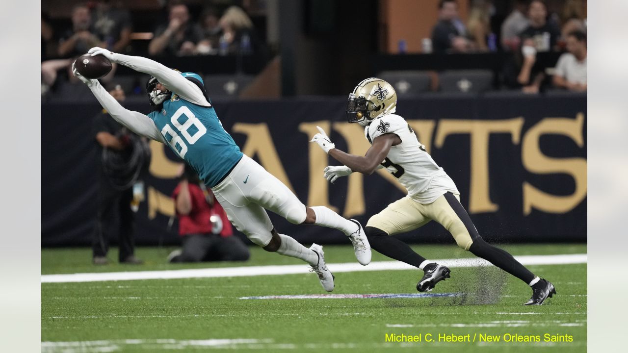 New Orleans Saints fans react to a replay call during the second half of an  NFL football game against the Jacksonville Jaguars, Sunday, Oct. 13, 2019,  in Jacksonville, Fla. (AP Photo/Stephen B.