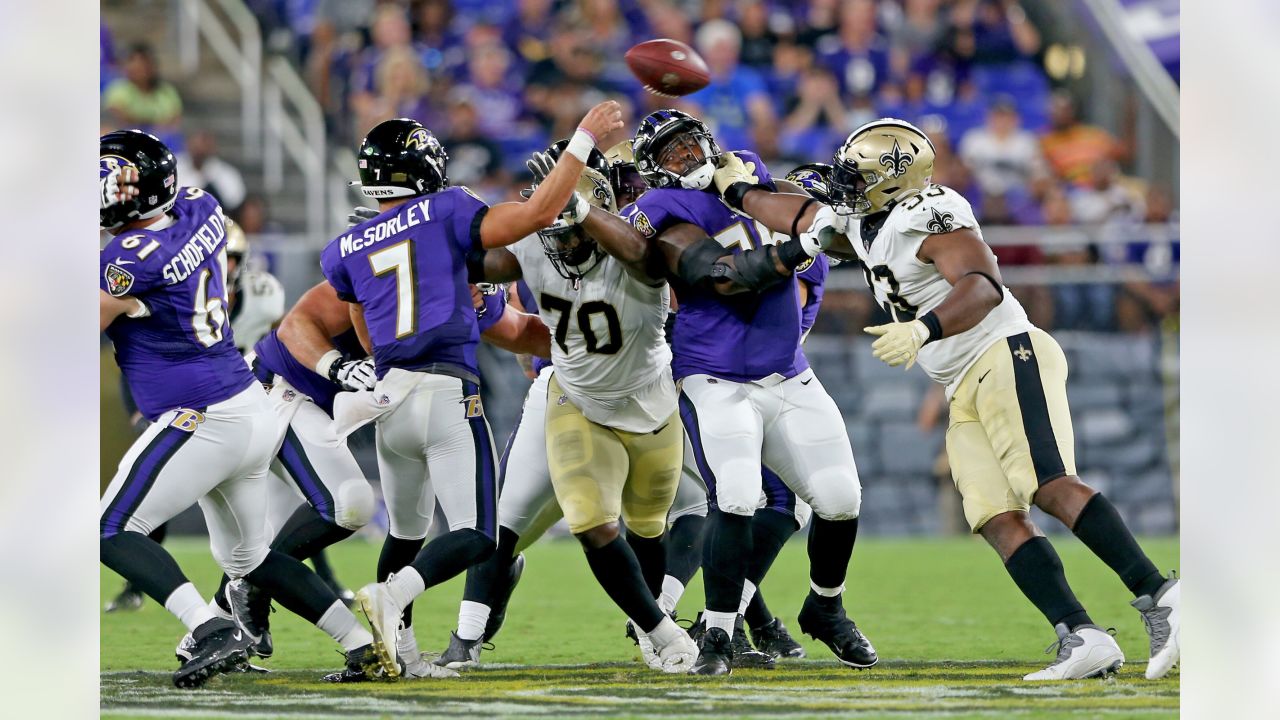 August 20, 2018: Baltimore Ravens offensive lineman Orlando Brown Jr. (78)  during NFL football preseason game action between the Baltimore Ravens and  the Indianapolis Colts at Lucas Oil Stadium in Indianapolis, Indiana.