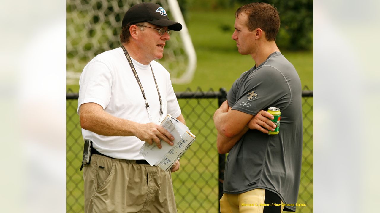 NBC Sports commentators Mike Tirico and former New Orleans Saints  quarterback Drew Brees broadcast from the field before an NFL football game  between the New Orleans Saints and the Buffalo Bills, Thursday