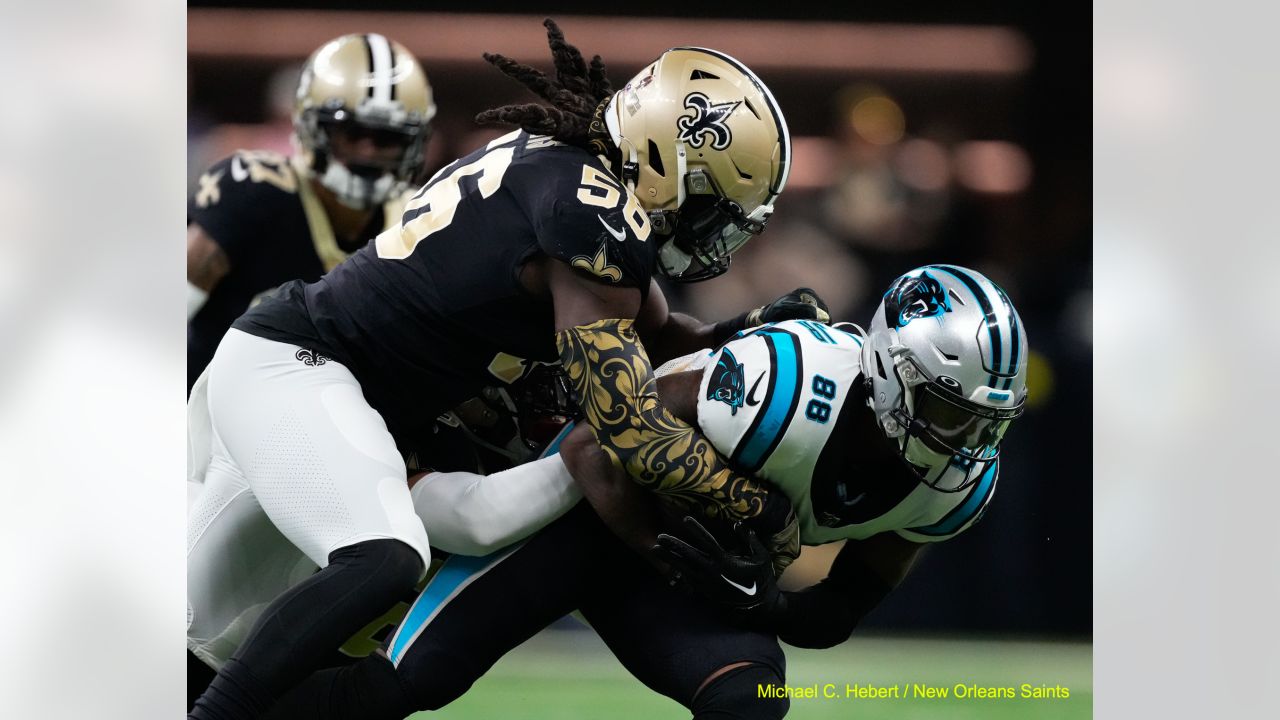 New Orleans Saints safety Tyrann Mathieu runs during the first half an NFL  football game between the Carolina Panthers and the New Orleans Saints in  New Orleans, Sunday, Jan. 8, 2023. (AP