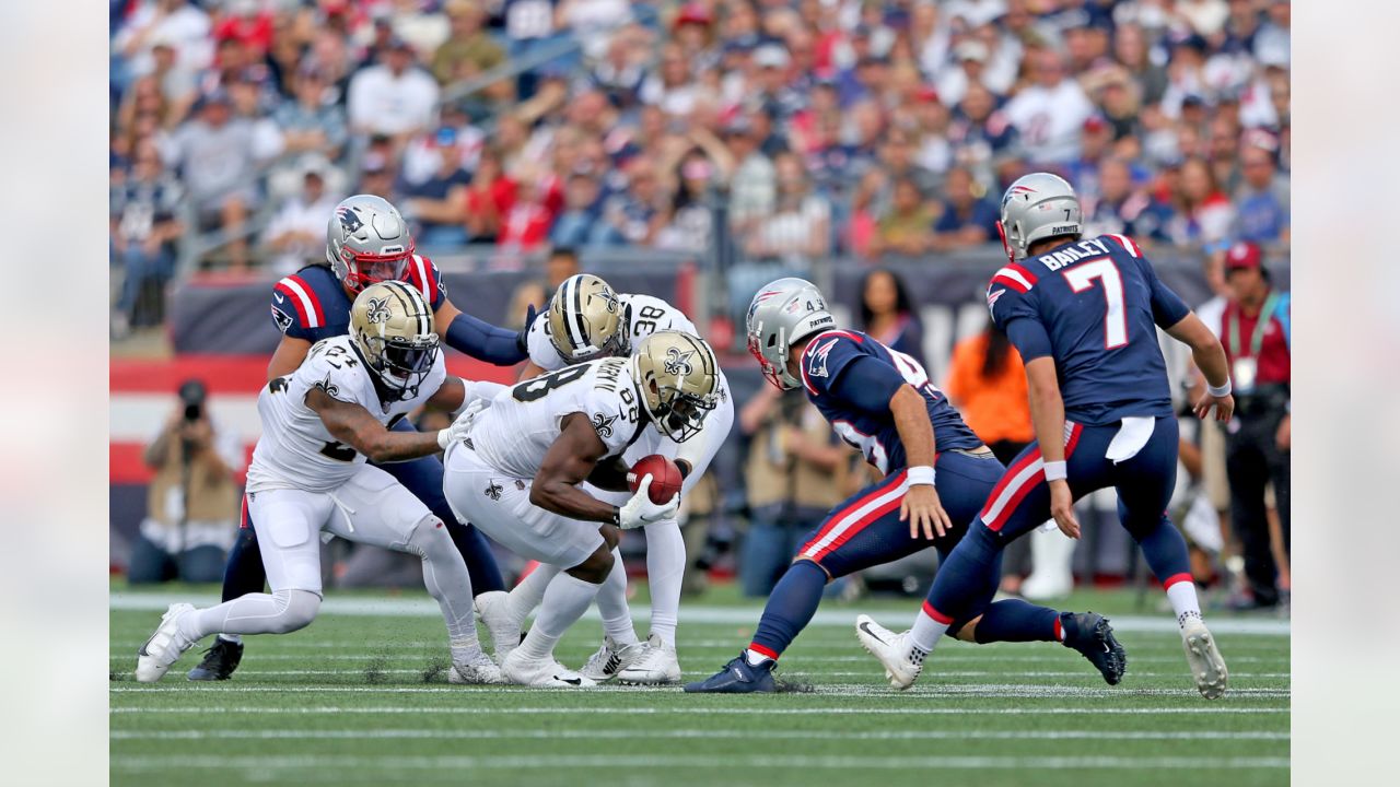 New England Patriots' Jakob Johnson before an NFL football game against the  New Orleans Saints at Gillette Stadium, Sunday,Sept. 26, 2021 in  Foxborough, Mass. (Winslow Townson/AP Images for Panini Stock Photo 