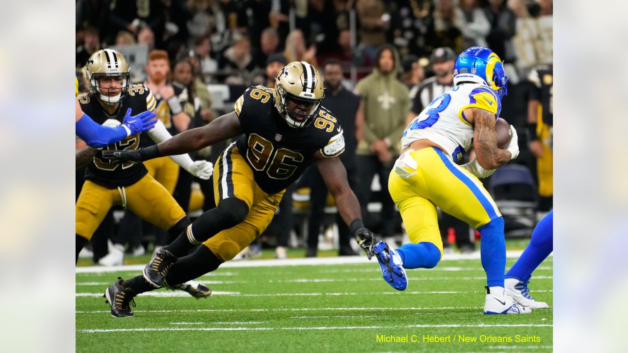 Los Angeles Rams defensive tackle Bobby Brown III (95) warms up before an  NFL football game against the New Orleans Saints, Sunday, Nov. 20, 2022, in  New Orleans. (AP Photo/Tyler Kaufman Stock