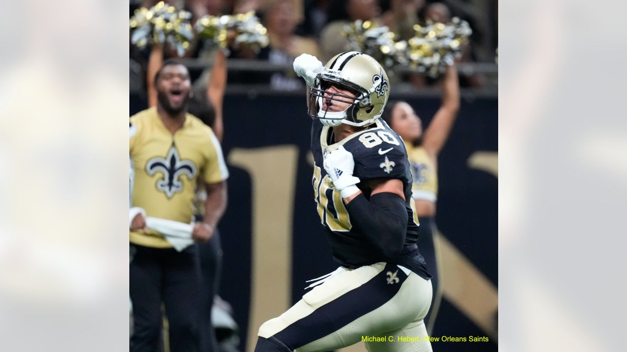 New Orleans, USA. 27th Aug, 2023. New Orleans Saints tight end Jimmy Graham  (80) catches a pass against Houston Texans linebacker Christian Harris (48)  during a National Football League preseason game at