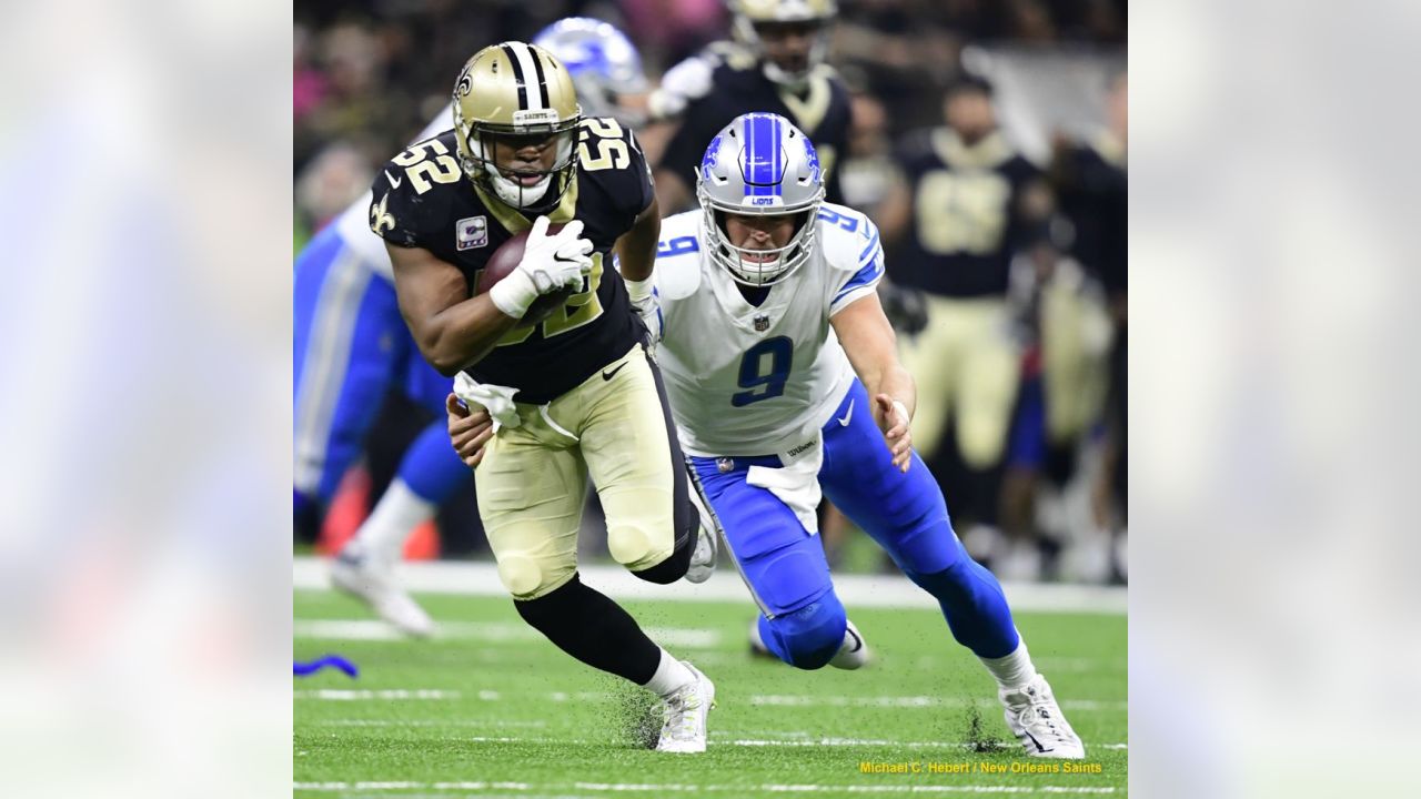 New Orleans Saints cornerback Marshon Lattimore (23) runs back an  interception of Detroit Lions quarterback Matthew Stafford pass for a  27-yards touchdown in the third quarter at the Mercedes-Benz Superdome in  New