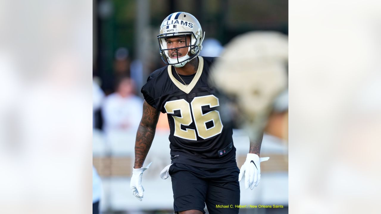 New Orleans Saints linebacker Nephi Sewell (45) signs autographs during the  Back Together Weekend fan appreciation initiative at the NFL team's  football training camp in Metairie, La., Saturday, July 29, 2023. (AP