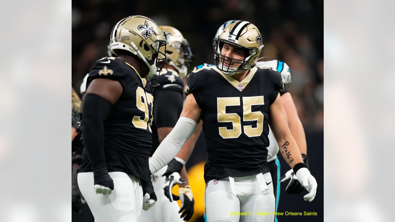 New Orleans Saints safety Tyrann Mathieu runs during the first half an NFL  football game between the Carolina Panthers and the New Orleans Saints in  New Orleans, Sunday, Jan. 8, 2023. (AP