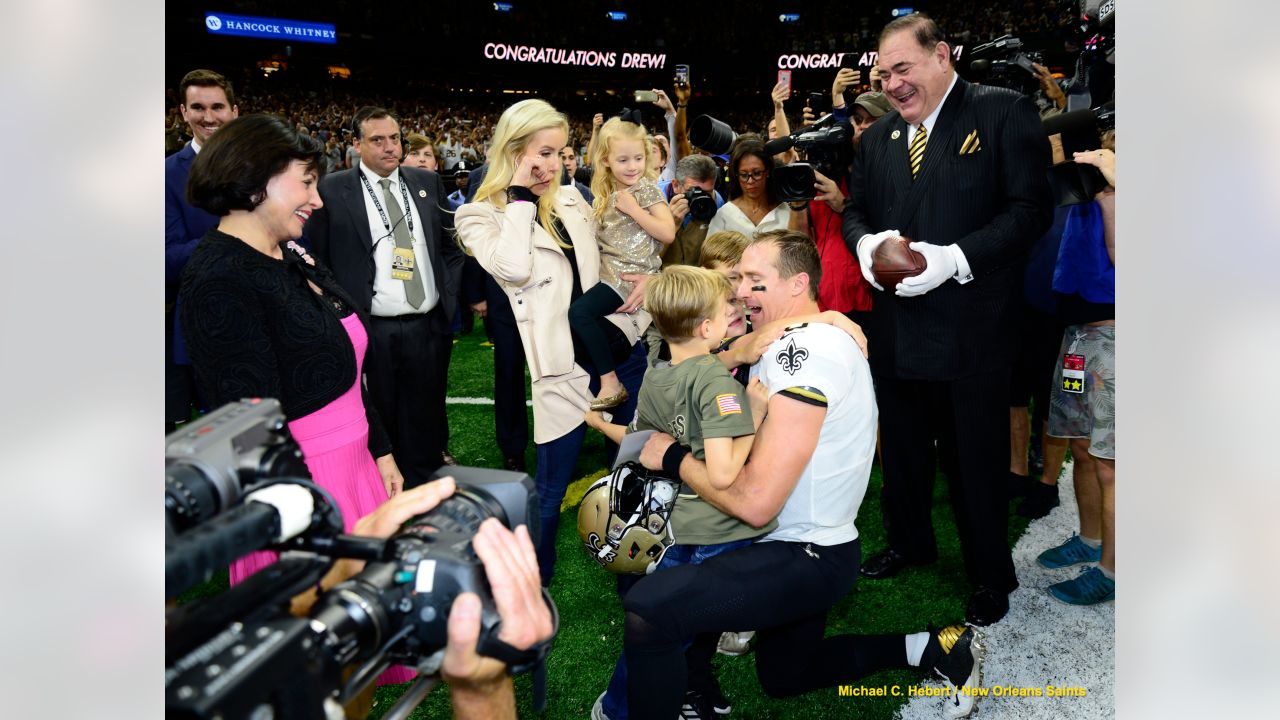 NBC Sports commentators Mike Tirico and former New Orleans Saints  quarterback Drew Brees broadcast from the field before an NFL football game  between the New Orleans Saints and the Buffalo Bills, Thursday