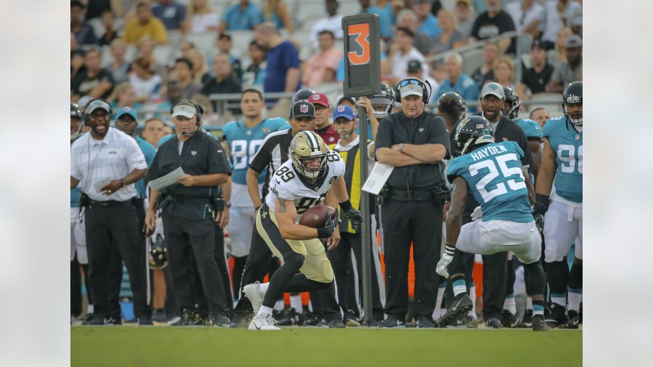 New Orleans Saints fans react to a replay call during the second half of an  NFL football game against the Jacksonville Jaguars, Sunday, Oct. 13, 2019,  in Jacksonville, Fla. (AP Photo/Stephen B.