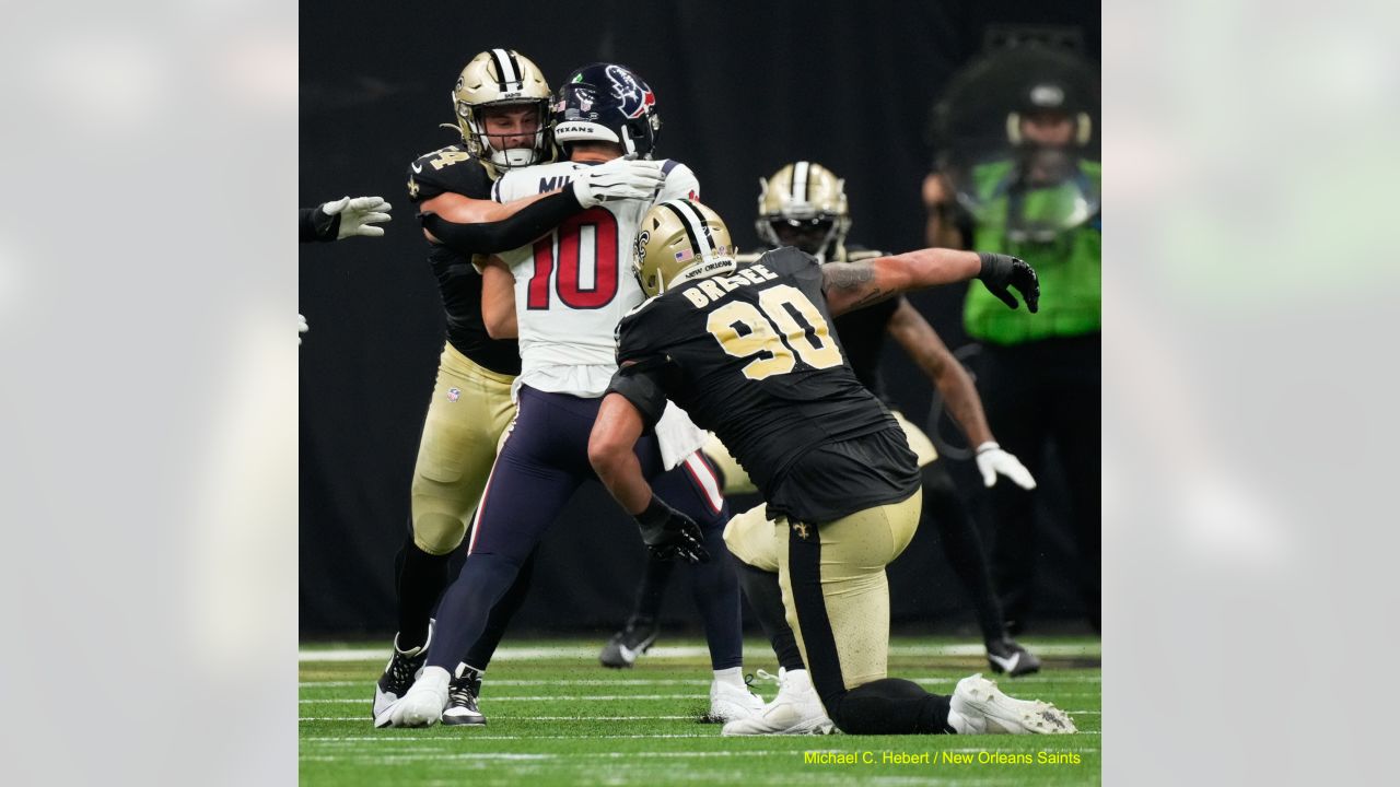 New Orleans, USA. 27th Aug, 2023. New Orleans Saints tight end Jimmy Graham  (80) catches a pass against Houston Texans linebacker Christian Harris (48)  during a National Football League preseason game at