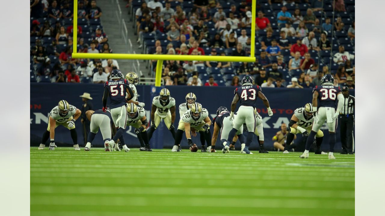 New Orleans Saints linebacker Nephi Sewell (45) defends in the first half  of an NFL preseason football game against the Houston Texans in New Orleans,  Sunday, Aug. 27, 2023. (AP Photo/Gerald Herbert