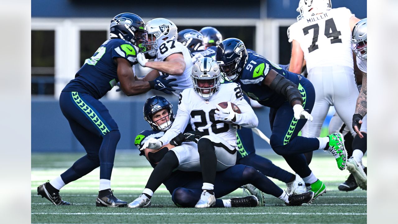 Las Vegas Raiders wide receiver Mack Hollins (10) looks down field during  an NFL football game against the Seattle Seahawks, Sunday, Nov. 27, 2022,  in Seattle, WA. The Raiders defeated the Seahawks