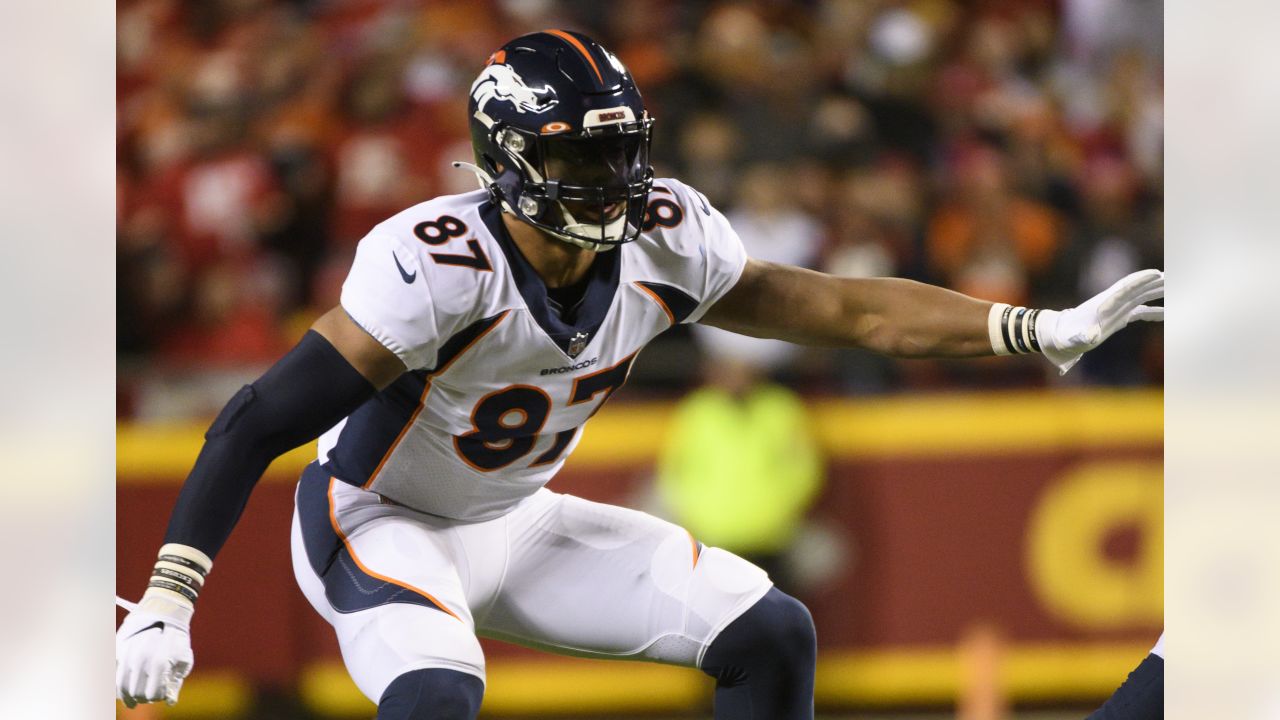 Denver Broncos tight end Noah Fant (87) against the New York Jets during an  NFL football game, …