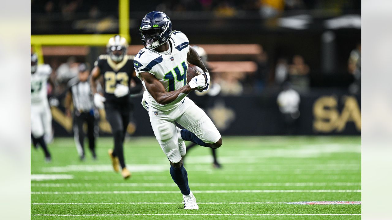 Seattle Seahawks running back Kenneth Walker III celebrats during an NFL  preseason football game against the Dallas Cowboys, Saturday, Aug. 19,  2023, in Seattle. The Seahawks won 22-14. (AP Photo/Stephen Brashear Stock