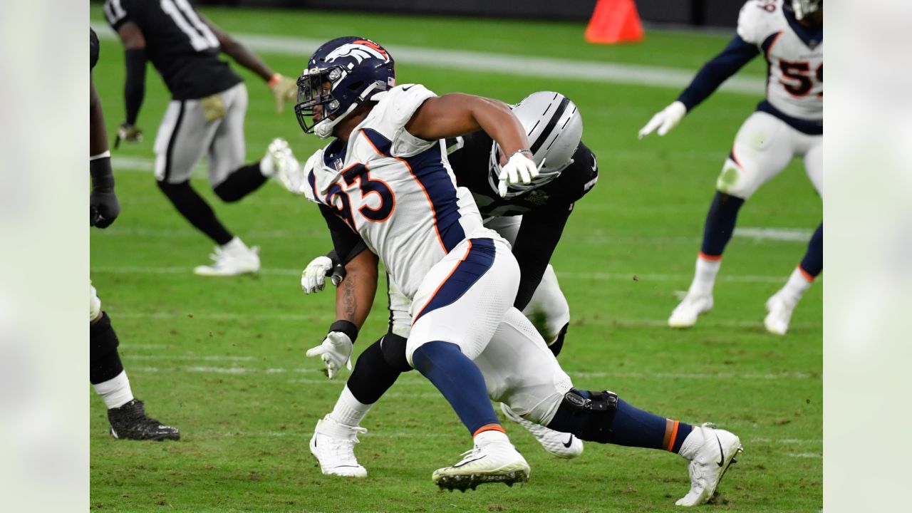 Denver Broncos defensive end Dre'Mont Jones (93) tackles Las Vegas