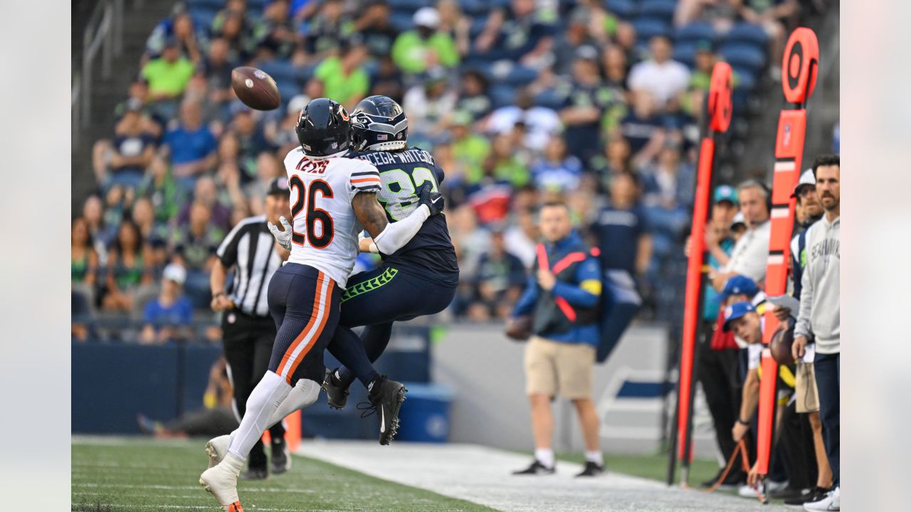 Seattle Seahawks quarterback Jacob Eason (17) during an NFL Preseason  football game against the Chicago Bears, Thursday, Aug. 18, 2022, in  Seattle, WA. The Bears defeated the Seahawks 27-11. (AP Photo/Ben VanHouten