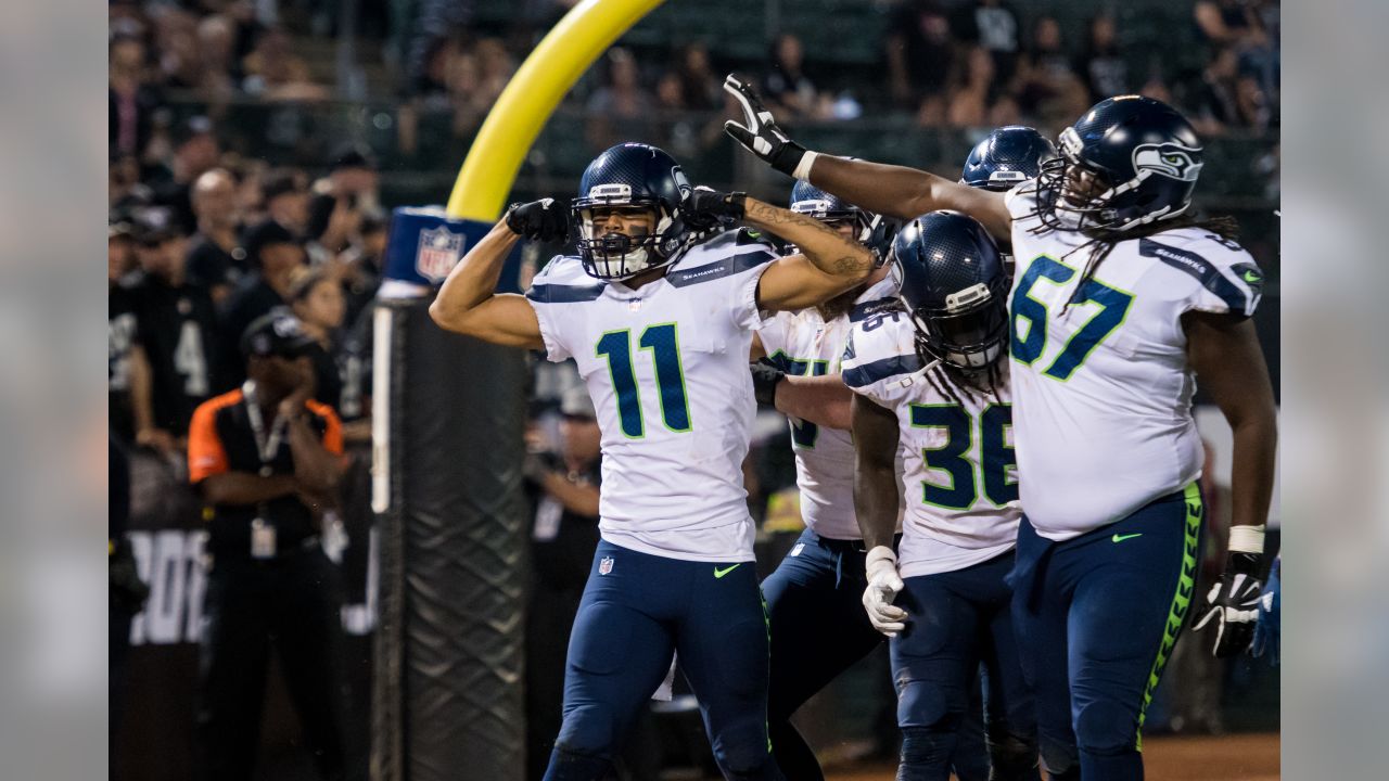 Las Vegas Raiders wide receiver Mack Hollins (10) looks down field during  an NFL football game against the Seattle Seahawks, Sunday, Nov. 27, 2022,  in Seattle, WA. The Raiders defeated the Seahawks