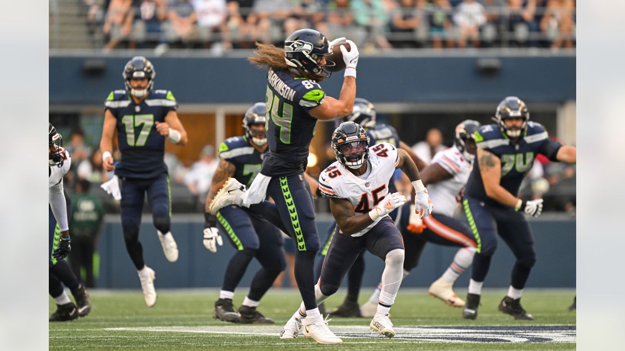 Seattle Seahawks quarterback Jacob Eason fires dart over the middle to wide  receiver Aaron Fuller for 16-yard gain