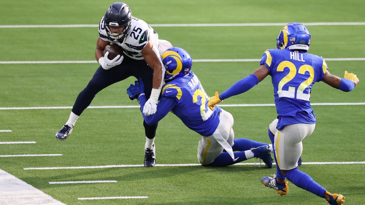 October 3, 2019: Seattle Seahawks cornerback Neiko Thorpe (23) carries the  ''12'' flag before a game between the Los Angeles Rams and Seattle Huskies  at CenturyLink Field in Seattle, WA. The Seahawks