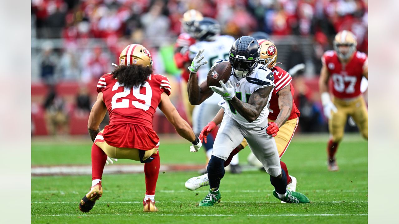 Seattle Seahawks defensive end Darrell Taylor (52) looks into the backfield  during an NFL football game against the San Francisco 49ers, Sunday, Sept.  18, 2022, in Santa Clara, Calif. (AP Photo/Scot Tucker