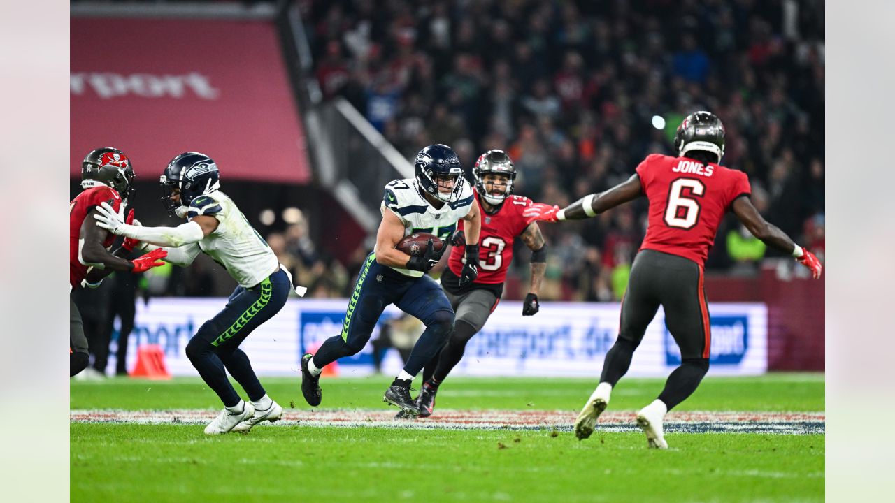 Seattle Seahawks linebacker Cody Barton picks off Tampa Bay Buccaneers  quarterback Tom Brady's underneath throw for a critical interception