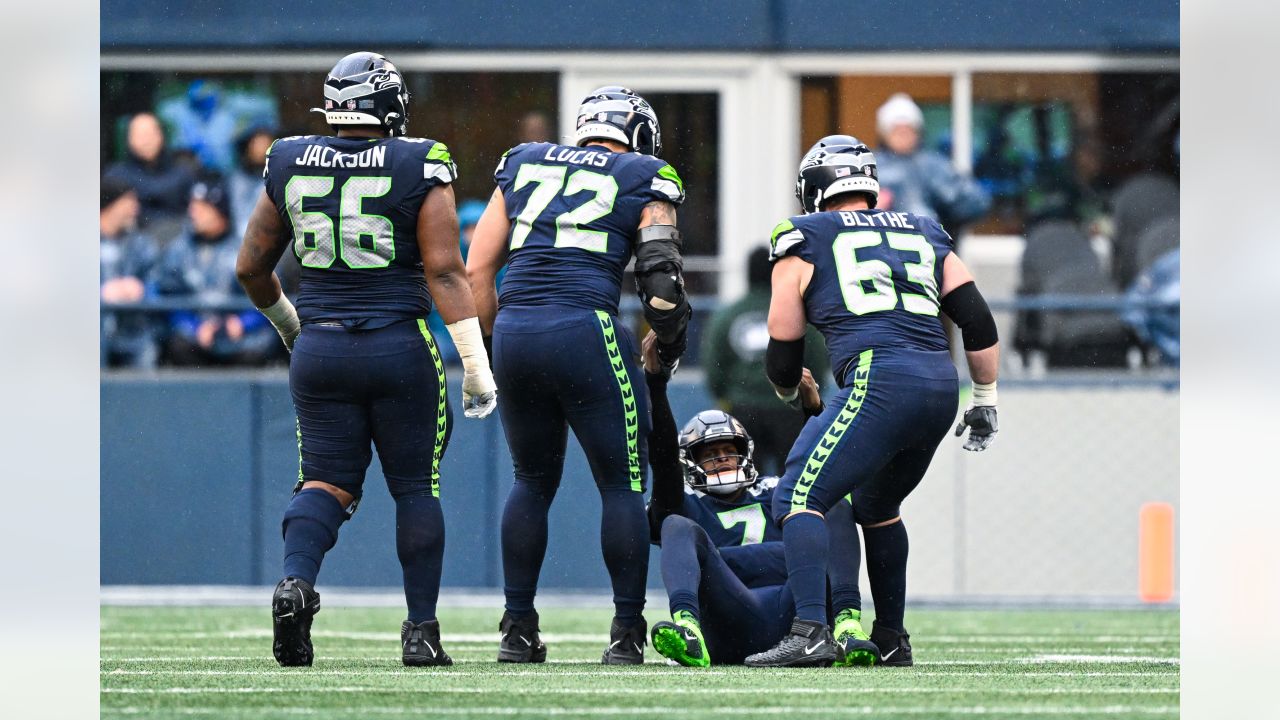 Seattle Seahawks linebacker Bruce Irvin (51) celebrates during an NFL  football game against the Los Angeles Rams, Sunday, Jan. 8, 2023, in Seattle,  WA. The Seahawks defeated the Rams in overtime 19-16. (