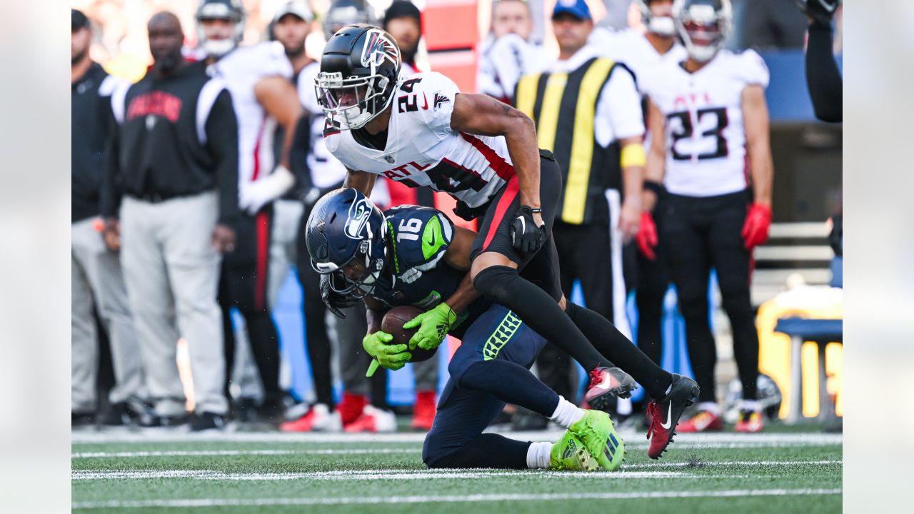 Seattle Seahawks defensive back Tariq Woolen is pictured during an NFL  football game against the Atlanta Falcons, Sunday, Sept. 25, 2022, in  Seattle. The Falcons won 27-23. (AP Photo/Stephen Brashear Stock Photo -  Alamy