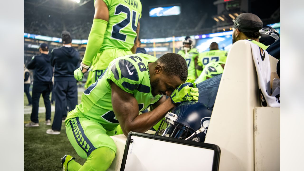 Seattle Seahawks cornerback Justin Coleman (28) running during an NFL  football game against the Las Vegas