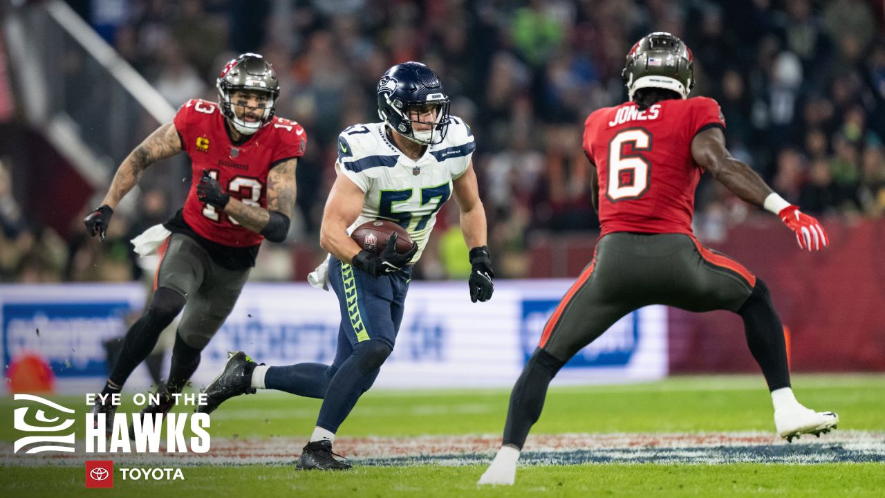 Seattle Seahawks guard Gabe Jackson (66) leaves the field at halftime of an  NFL football game against the Tampa Bay Buccaneers on Nov. 13, 2022, in  Munich. The Buccaneers defeated the Seahawks