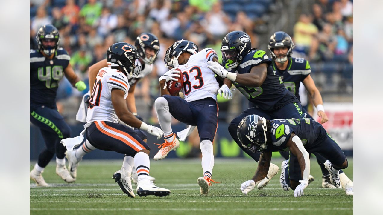 Seattle Seahawks quarterback Jacob Eason (17) during an NFL Preseason  football game against the Chicago Bears, Thursday, Aug. 18, 2022, in  Seattle, WA. The Bears defeated the Seahawks 27-11. (AP Photo/Ben VanHouten