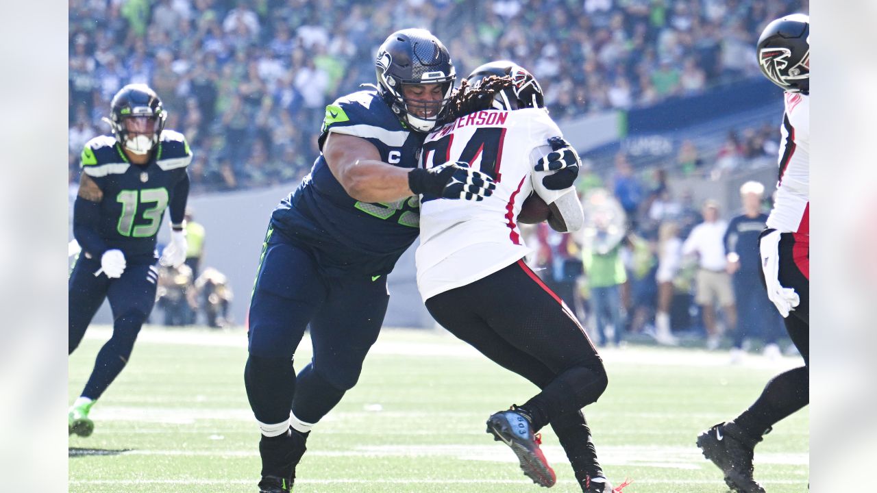 Seattle Seahawks defensive tackle Al Woods (99) reacts after a play during  an NFL football game against the Seattle Seahawks, Sunday, Sept. 18, 2022,  in Santa Clara, Calif. (AP Photo/Scot Tucker Stock