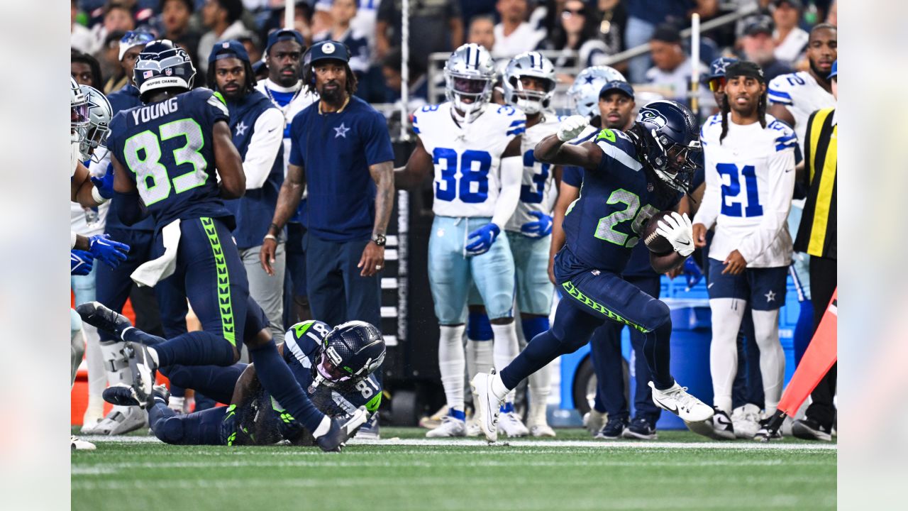 Seattle Seahawks quarterback Holton Ahlers looks to pass against the Dallas  Cowboys during the first half of a preseason NFL football game Saturday,  Aug. 19, 2023, in Seattle. (AP Photo/Stephen Brashear Stock