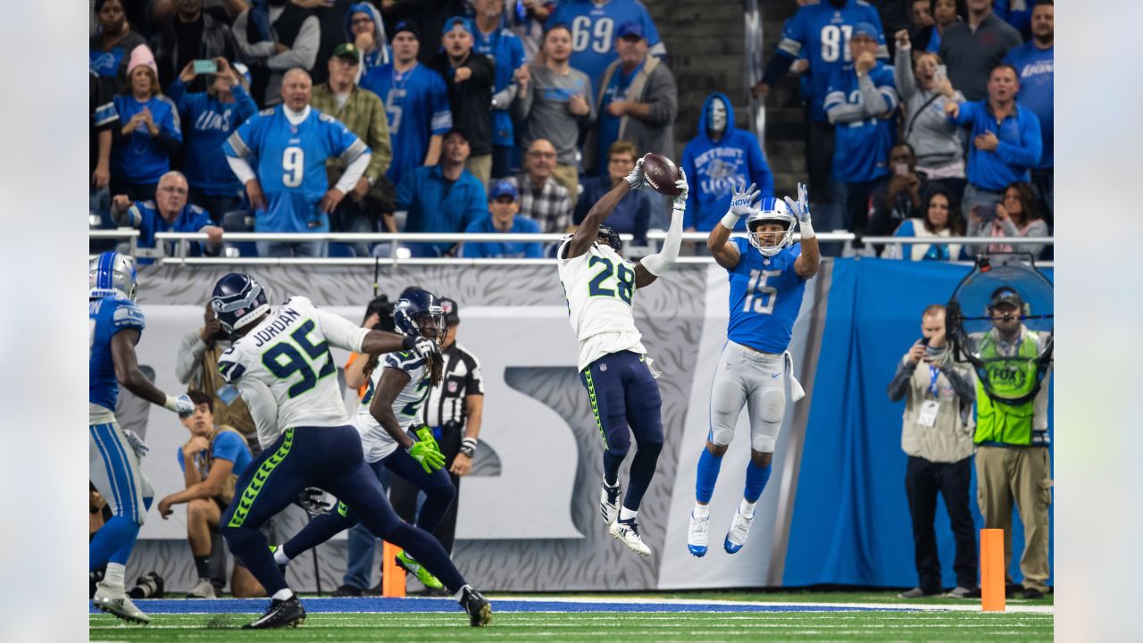 Seattle Seahawks cornerback Justin Coleman (28) running during an NFL  football game against the Las Vegas