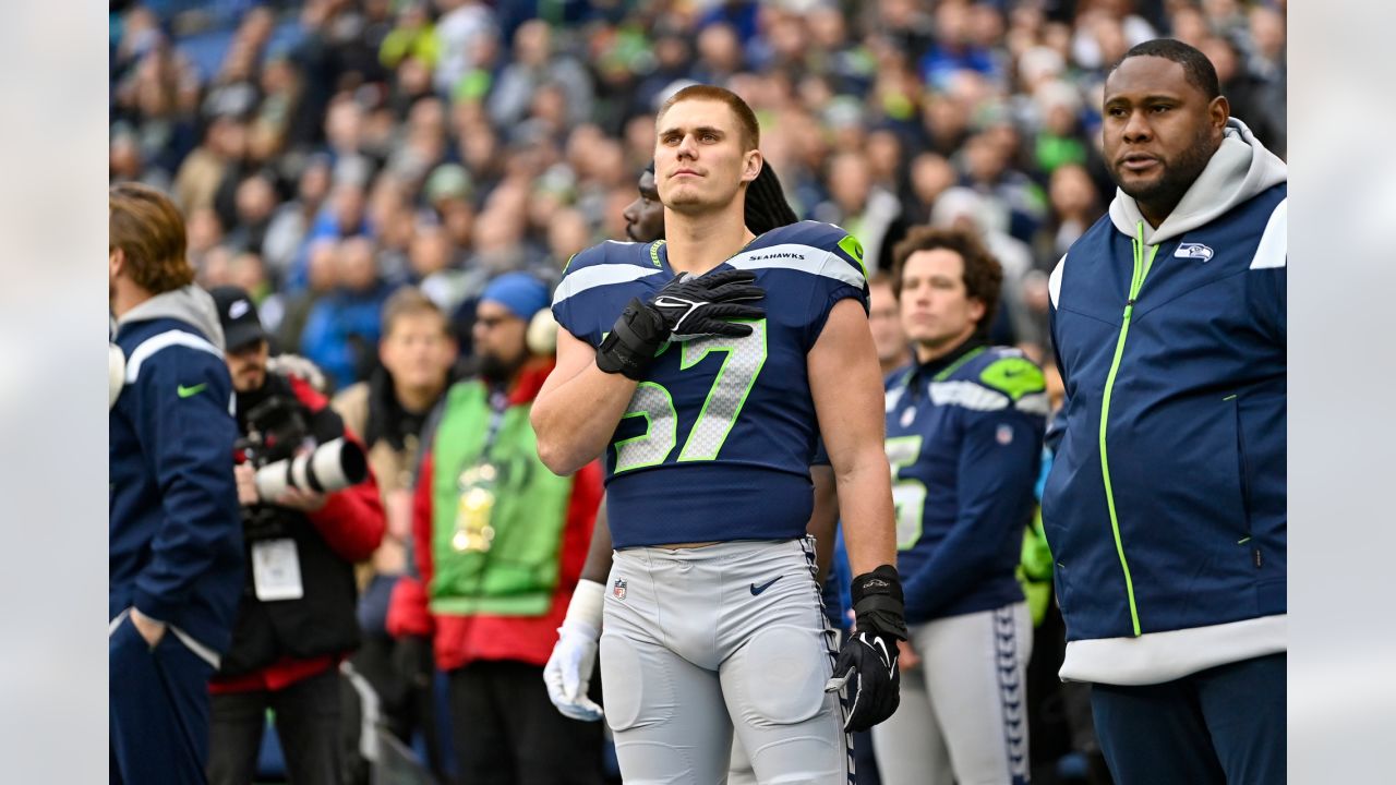 Seattle Seahawks linebacker Cody Barton (57) lines up for play during the  second half of an