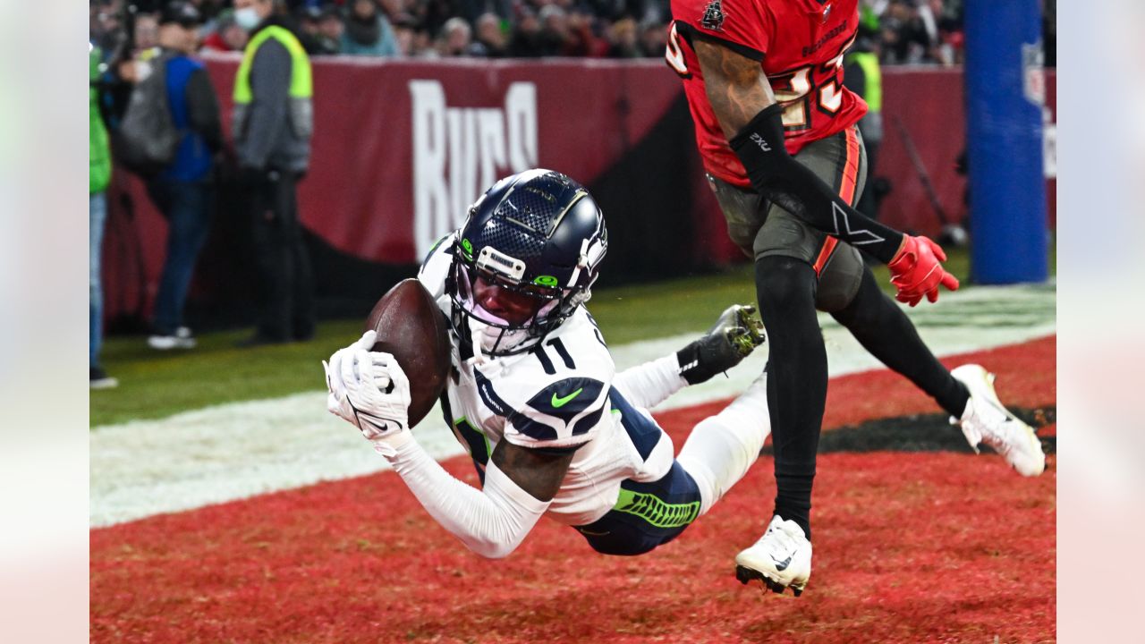 Seattle Seahawks linebacker Cody Barton picks off Tampa Bay Buccaneers  quarterback Tom Brady's underneath throw for a critical interception