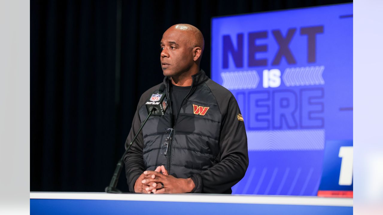 INDIANAPOLIS, IN - MARCH 02: Washington Commanders general manager Martin  Mayhew answers questions from the media during the NFL Scouting Combine on  March 2, 2022, at the Indiana Convention Center in Indianapolis