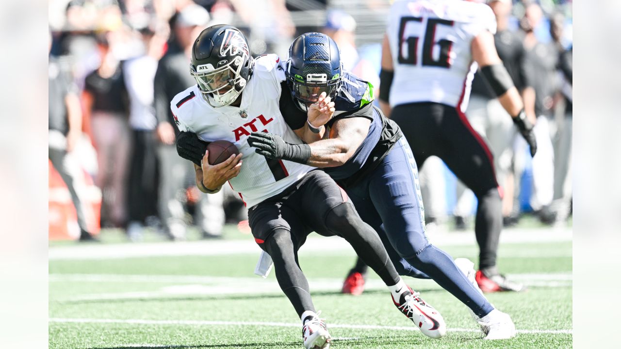 Seattle Seahawks defensive back Tariq Woolen is pictured during an NFL  football game against the Atlanta Falcons, Sunday, Sept. 25, 2022, in  Seattle. The Falcons won 27-23. (AP Photo/Stephen Brashear Stock Photo -  Alamy