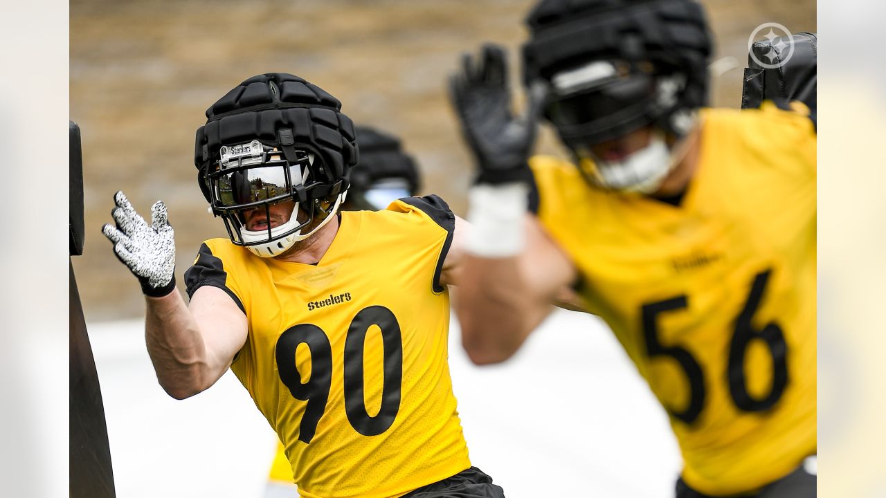 Pittsburgh Steelers safety Elijah Riley (37) runs after intercepting a pass  during the NFL football team's training camp workout in Latrobe, Pa.,  Thursday, July 27, 2023. (AP Photo/Gene J. Puskar Stock Photo - Alamy