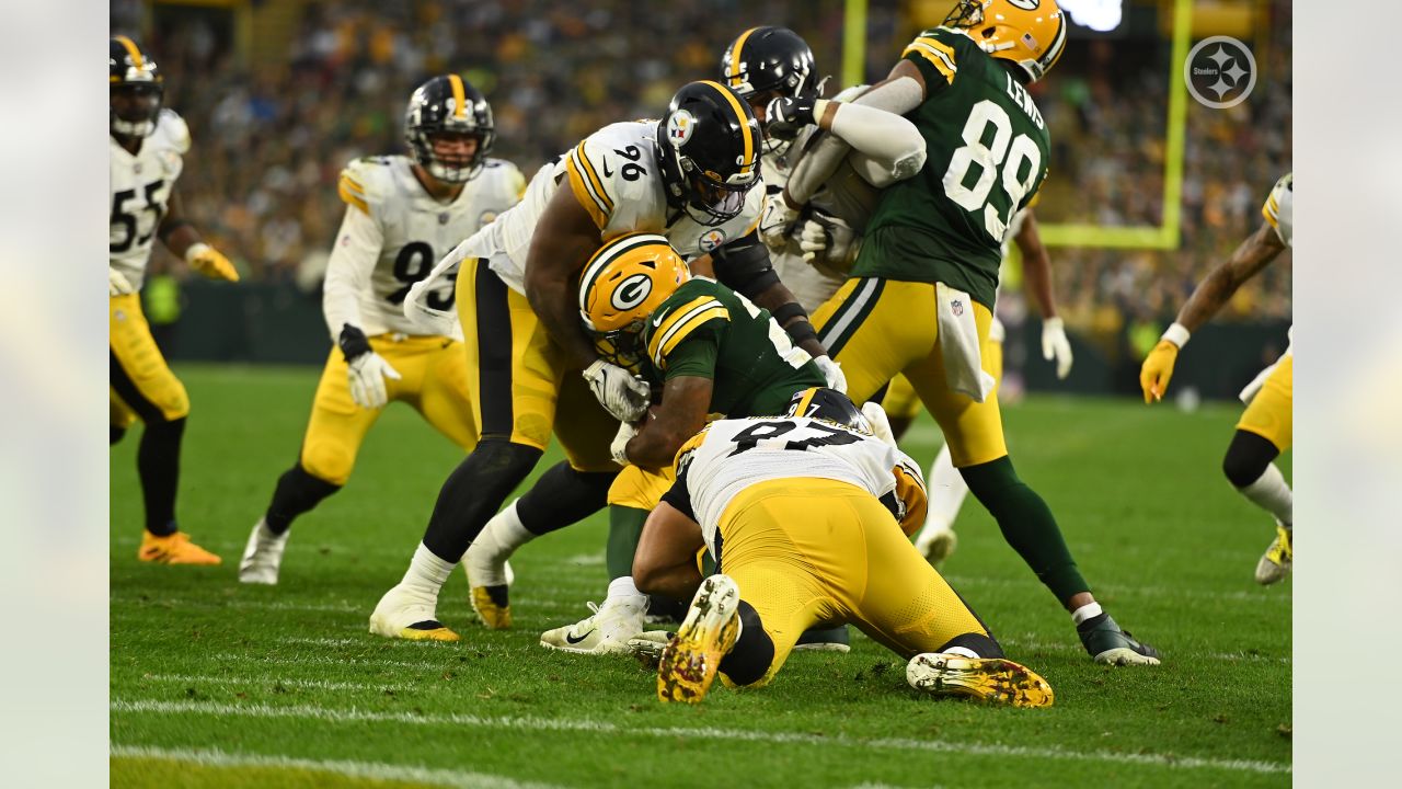 October 03, 2021: Green Bay Packers quarterback Aaron Rodgers (12) debates  a tripping call against Pittsburgh Steelers linebacker T.J. Watt (90)  during the NFL football game between the Pittsburgh Steelers and the