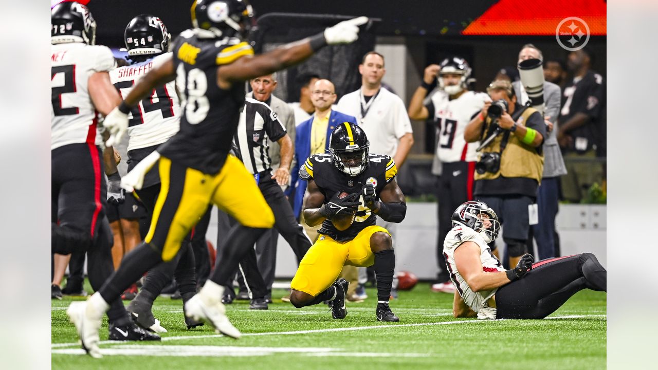 Pittsburgh Steelers linebacker Toby Ndukwe (45) works during the second  half of an NFL preseason football game against the Atlanta Falcons,  Thursday, Aug. 24, 2023, in Atlanta. The Pittsburgh Steelers won 24-0. (