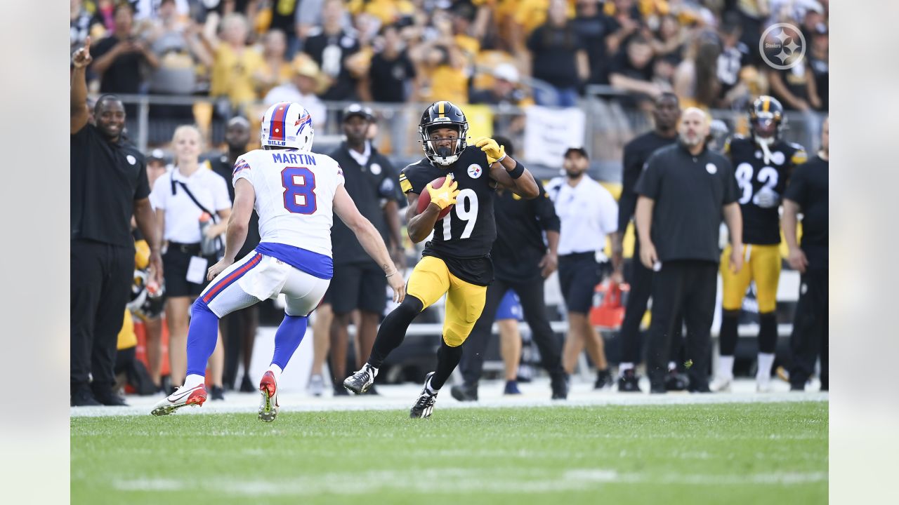 Pittsburgh Steelers wide receiver Calvin Austin III (19) fields a punt  during the first half of an NFL preseason football game against the Atlanta  Falcons, Thursday, Aug. 24, 2023, in Atlanta. The