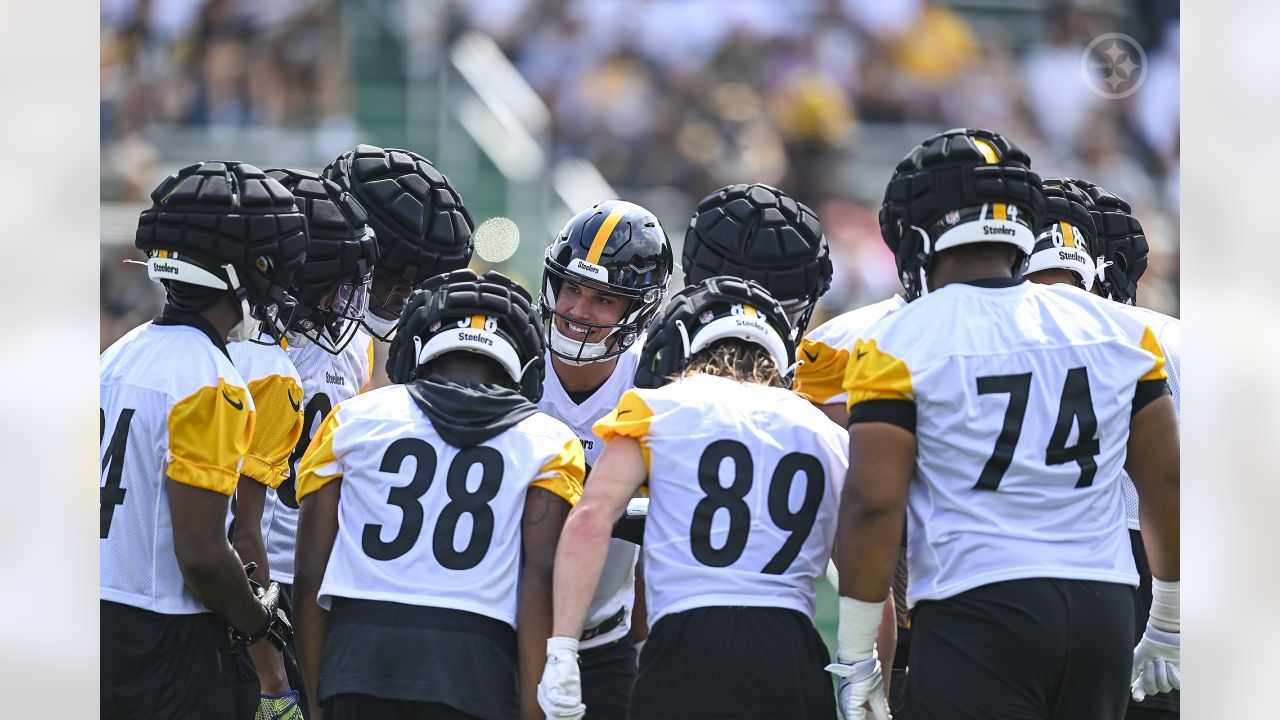 Pittsburgh Steelers safety Elijah Riley (37) runs after intercepting a pass  during the NFL football team's training camp workout in Latrobe, Pa.,  Thursday, July 27, 2023. (AP Photo/Gene J. Puskar Stock Photo - Alamy