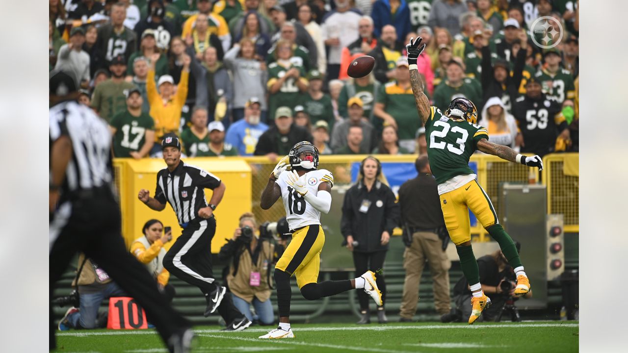 October 03, 2021: Green Bay Packers quarterback Aaron Rodgers (12) debates  a tripping call against Pittsburgh Steelers linebacker T.J. Watt (90)  during the NFL football game between the Pittsburgh Steelers and the