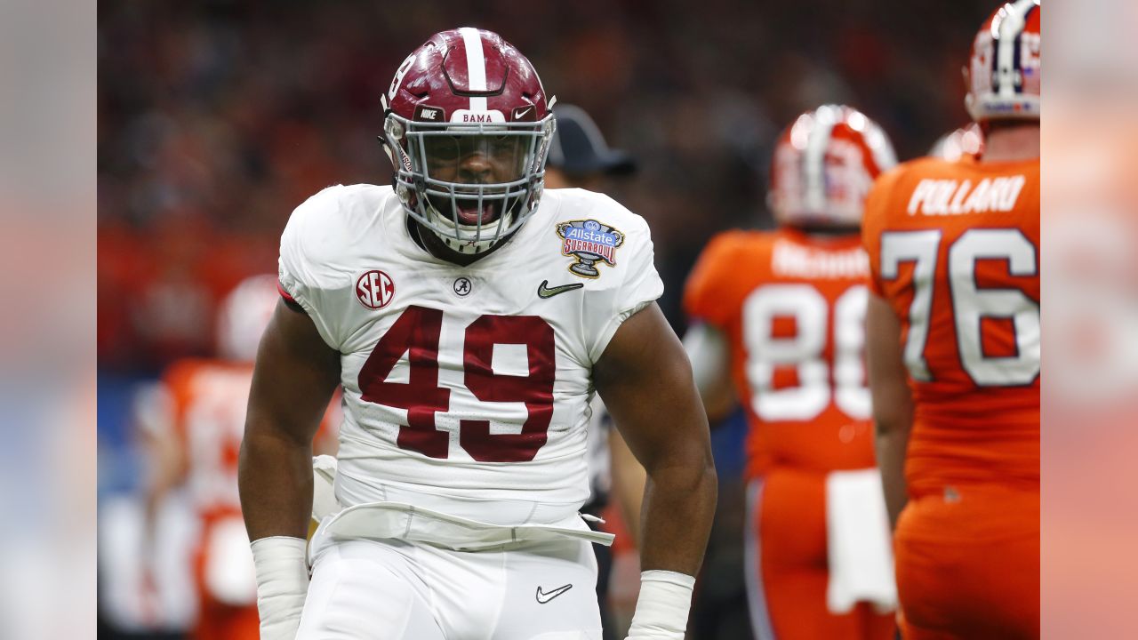 Alabama DE Isaiah Buggs (49) celebrates a defensive stop in the first half of the Sugar Bowl semi-final playoff game against Clemson for the NCAA college football national championship, in New Orleans, Monday, Jan. 1, 2018. (AP Photo/Butch Dill)