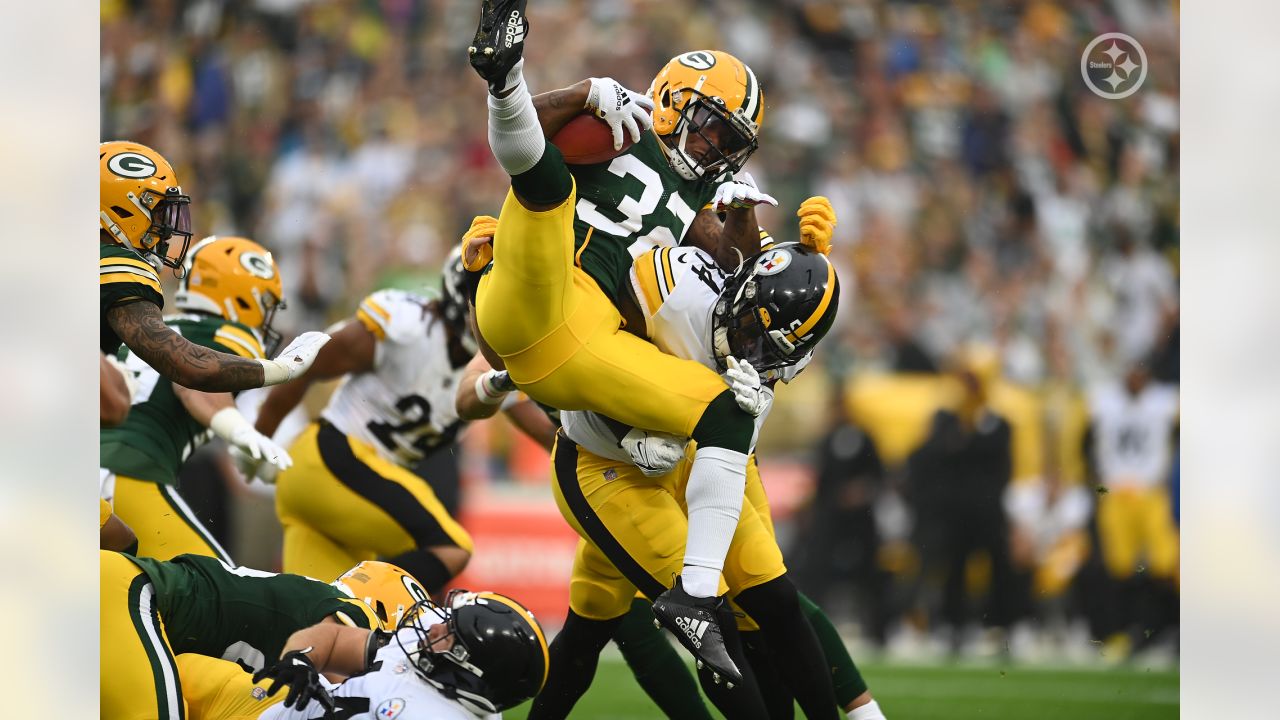 October 03, 2021: Green Bay Packers quarterback Aaron Rodgers (12) debates  a tripping call against Pittsburgh Steelers linebacker T.J. Watt (90)  during the NFL football game between the Pittsburgh Steelers and the