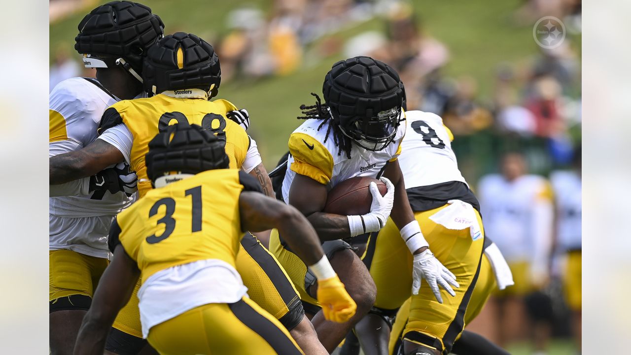 Pittsburgh Steelers helmets on the field at their NFL football training camp  in Latrobe, Pa., Saturday, Aug. 1, 2009. (AP Photo/Keith Srakocic Stock  Photo - Alamy