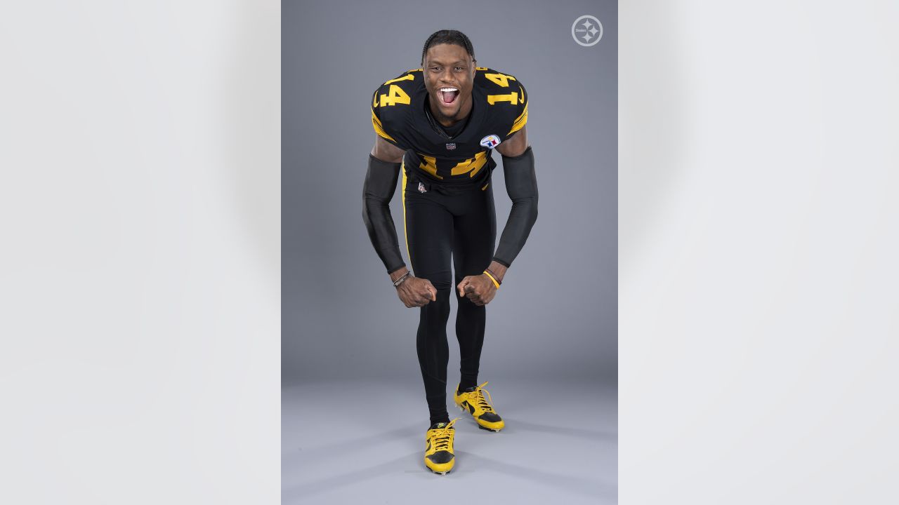 Pittsburgh Steelers wide receiver George Pickens (14) wears the color rush uniform during a photoshoot, Tuesday, Nov. 8, 2022 in Pittsburgh, PA. (Karl Roser / Pittsburgh Steelers)