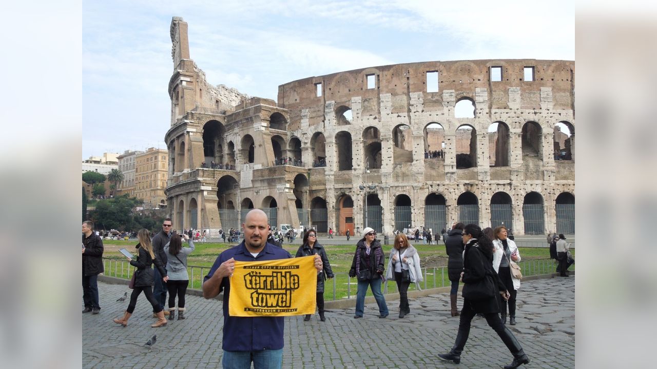 Joe Manganiello holds a Pittsburgh Steelers' Terrible Towel at