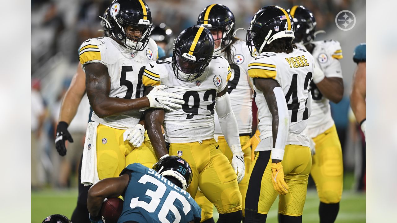 Pittsburgh Steelers wide receiver Tyler Snead (84) celebrates his touchdown  reception with Pittsburgh Steelers offensive tackle John Leglue (77) during  an NFL football game against the Jacksonville Jaguars, Saturday, Aug. 20,  2022