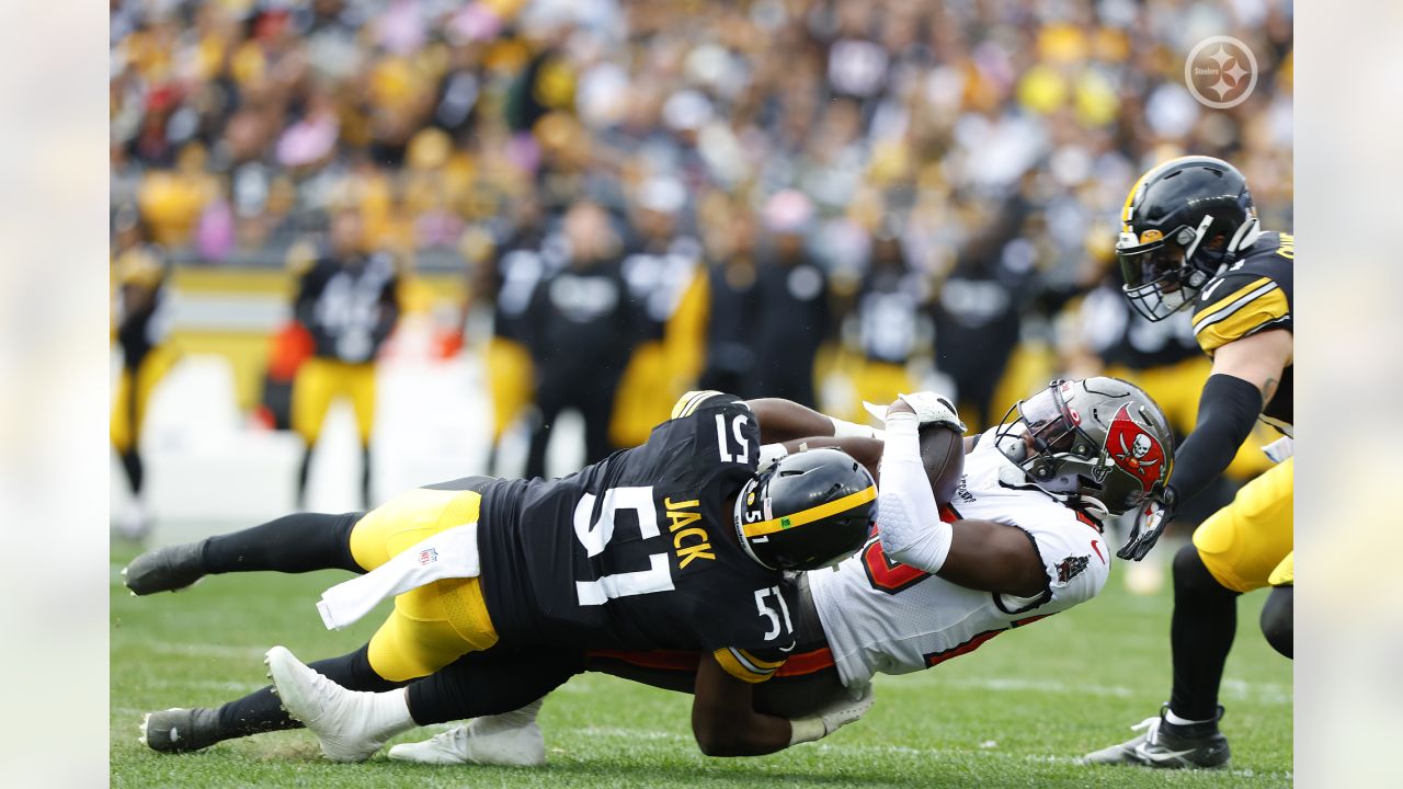 PITTSBURGH, PA - OCTOBER 16: Pittsburgh Steelers safety Elijah Riley (37)  tackles Tampa Bay Buccaneers running back Rachaad White (29) in the fourth  quarter during the game between the Tampa Bay Buccaneers